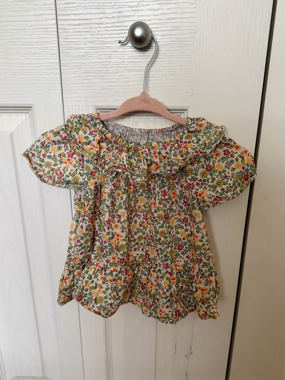 Zara Floral Ruffle Neck Blouse in White, Yellow & Green